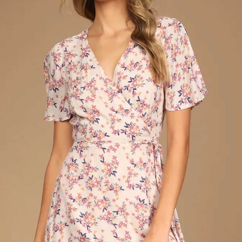 Lulus Flower Hours Pink Floral Print Flutter Sleeve Wrap Mini Dress
